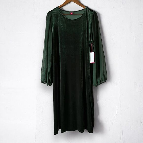 New Vince Camuto Velvet Emerald Green Sheer Balloon Long Sleeve Dress Size 2X - Picture 8 of 16